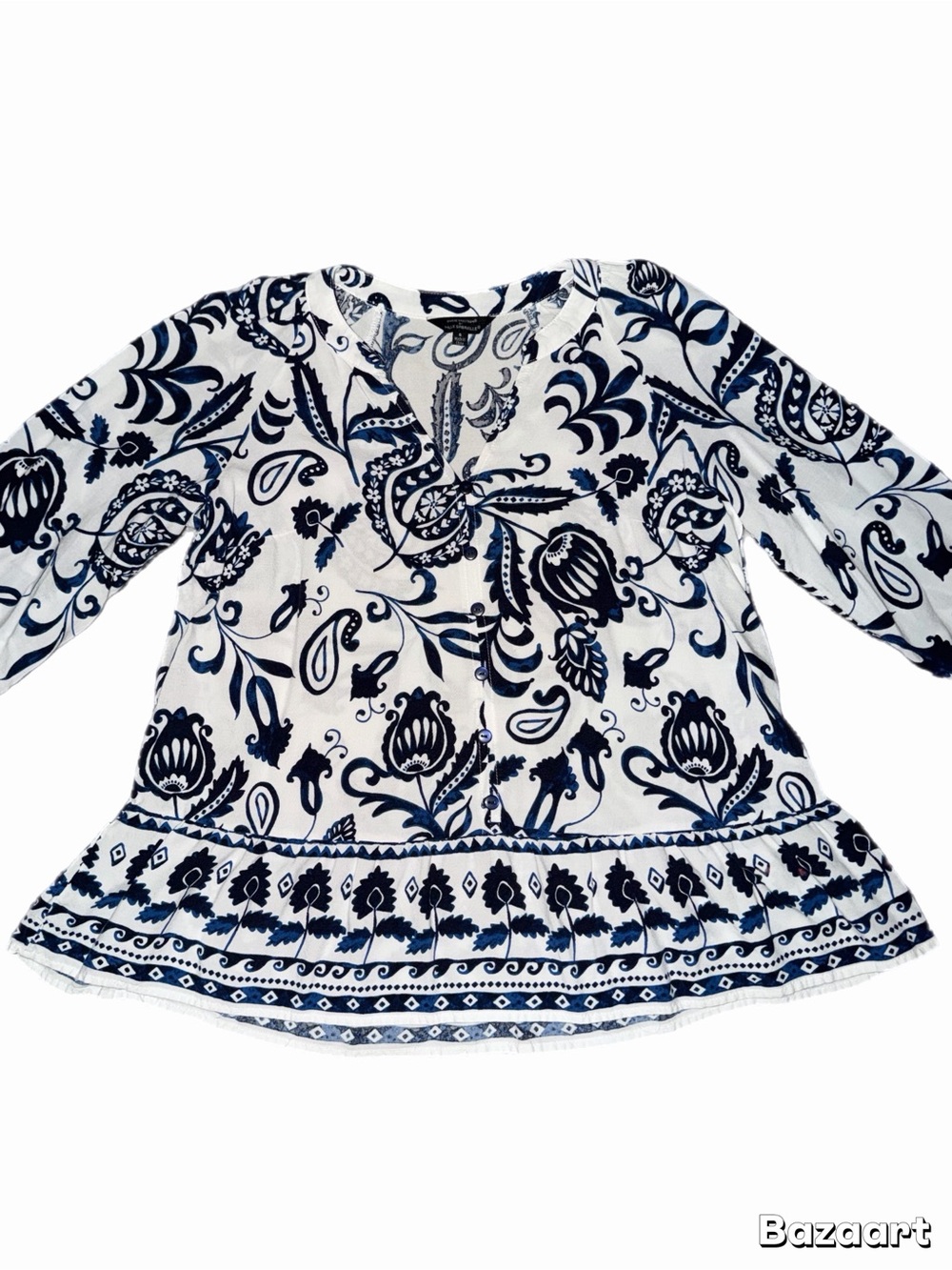 Unique Spectrum White and Navy Paisley Floral Peplum Button-Front Blouse